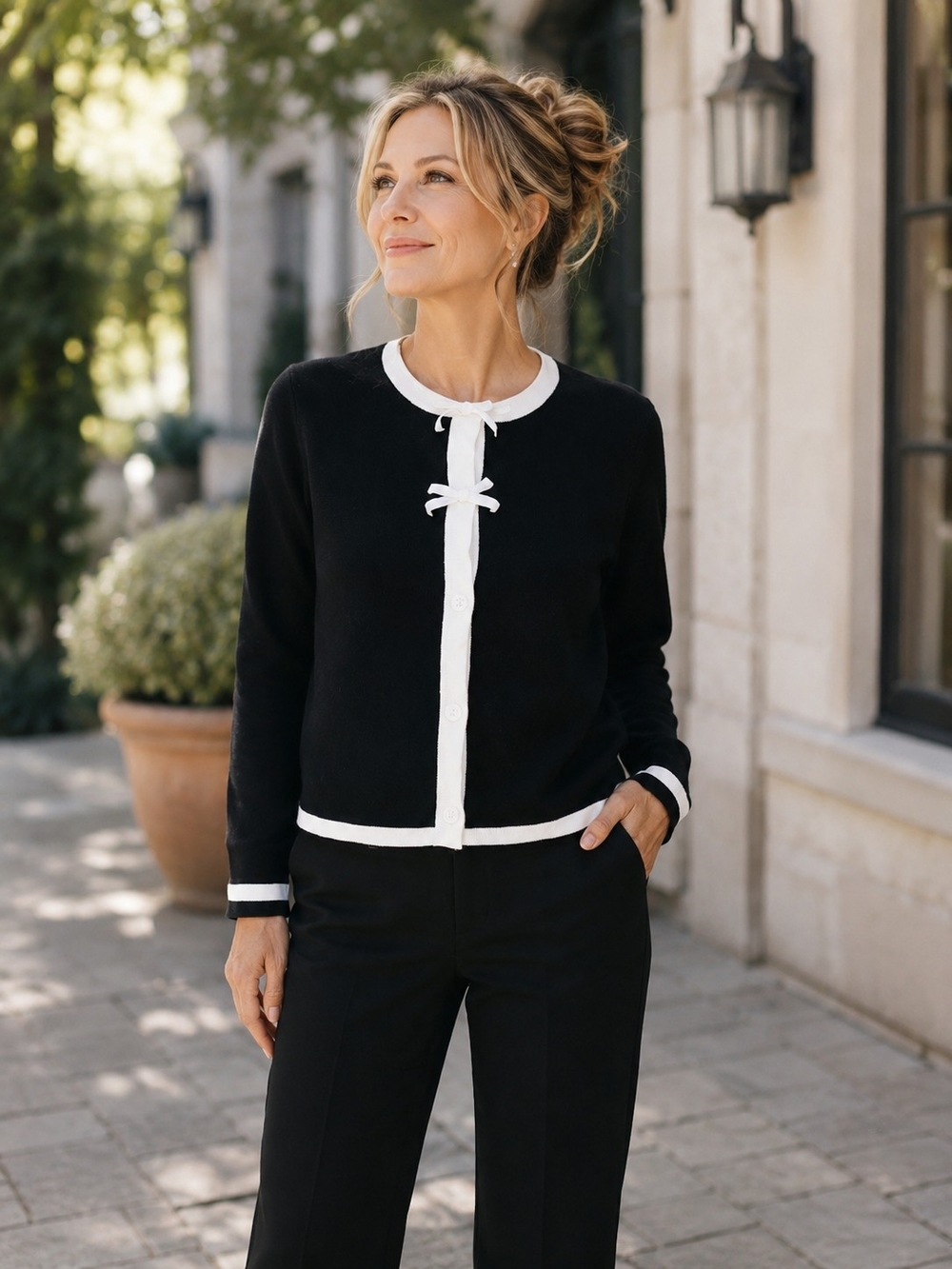 Adrianna Papell Black & White Bow Trim Knit Cardigan Size M